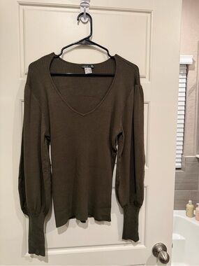 Venus Womens Large L Olive Green V Neck Ribbed Knit Balloon Sleeve Sweater